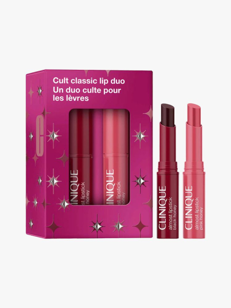 Clinique Mini Cult Classic Pink & Black Honey Lip Gift Set in branded components on a light gray background