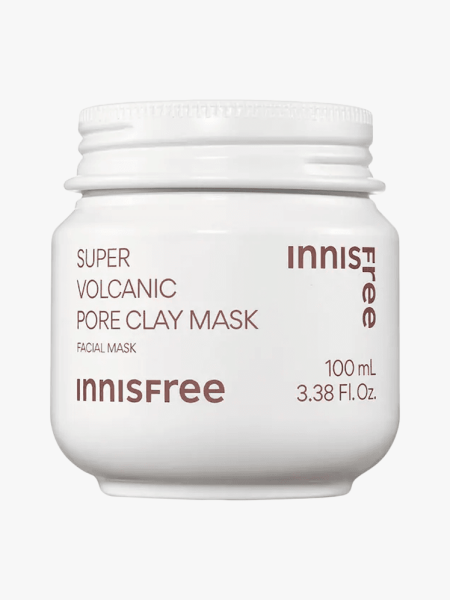 Innisfree Super Volcanic Pore Clay Mask in branded component on a light gray background